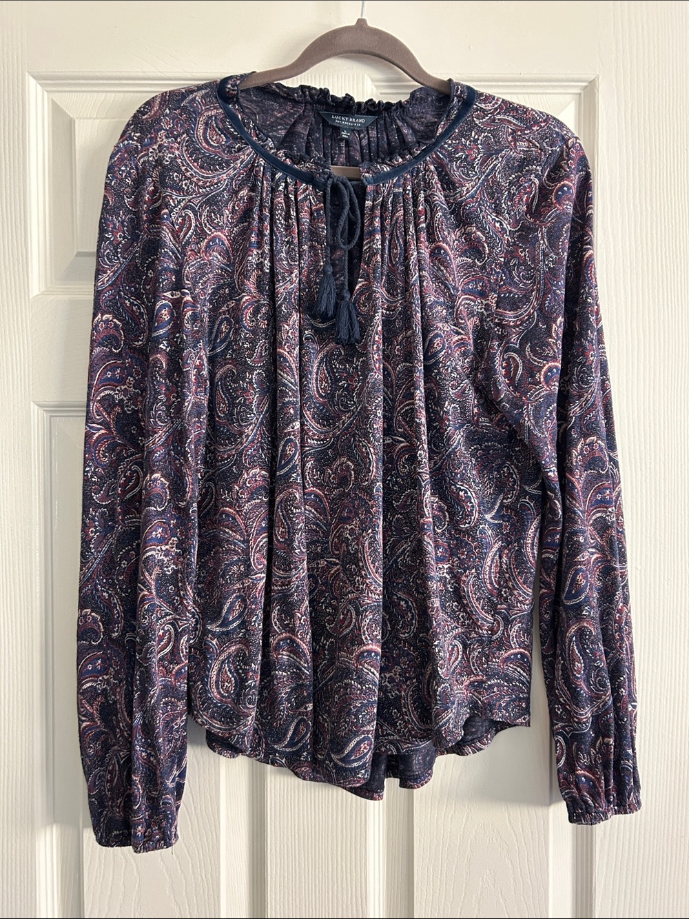 Lucky Brand Navy and Pink Paisley Tie-Neck Blouse